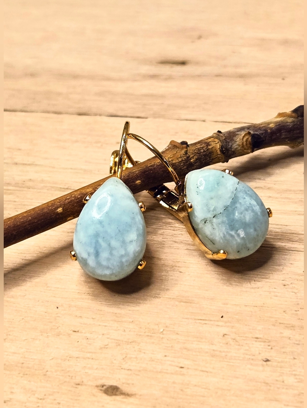 Genuine Sky Blue Dominican Larimar Stones In Gold Plated Drop Earrings